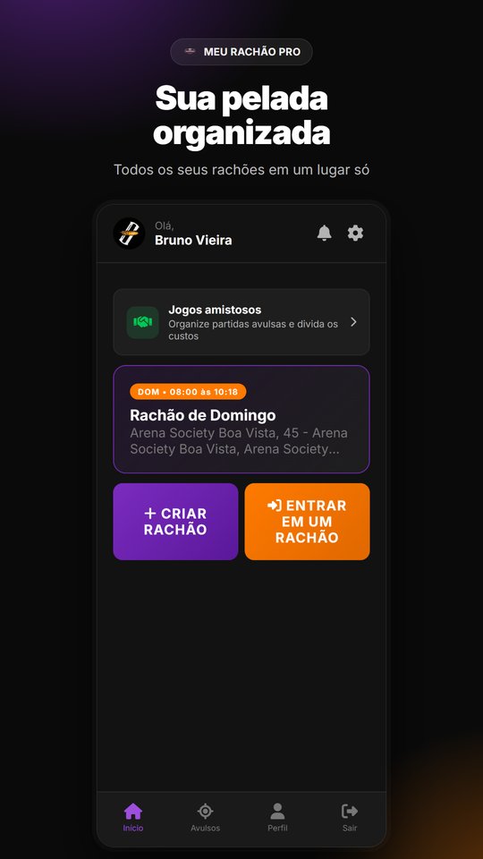 Tela inicial do app com o próximo rachão e o atalho de jogos amistosos