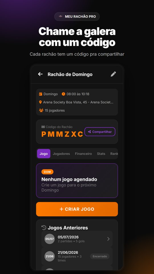 Tela do rachão com dia, local, código de convite e jogos anteriores