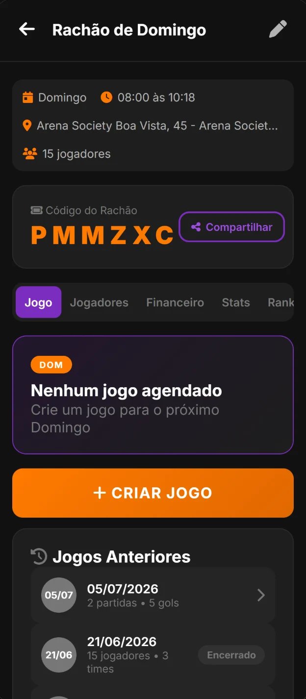 Tela do rachão no app Meu Rachão Pro, com código de convite e jogos anteriores